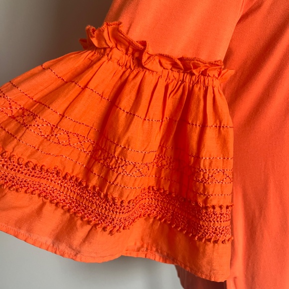 KOBI HALPERIN Embroidered Ruffle Flutter Bell Sleeve Jersey Top Blouse Tangerine - Picture 14 of 16